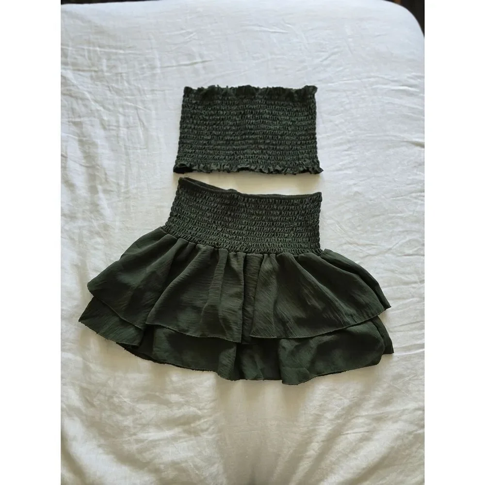 Smocked Olive Green Tiered Mini Skirt And Smocked Bandeau Set